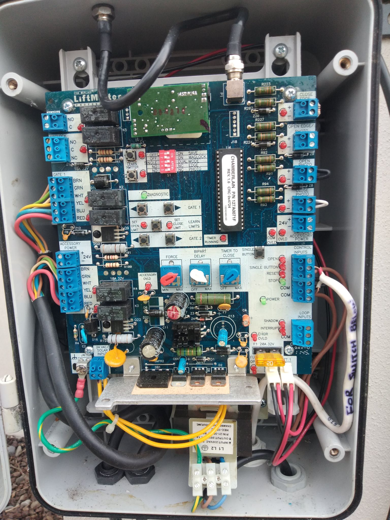 Auto gate motor control board terminated and labelled