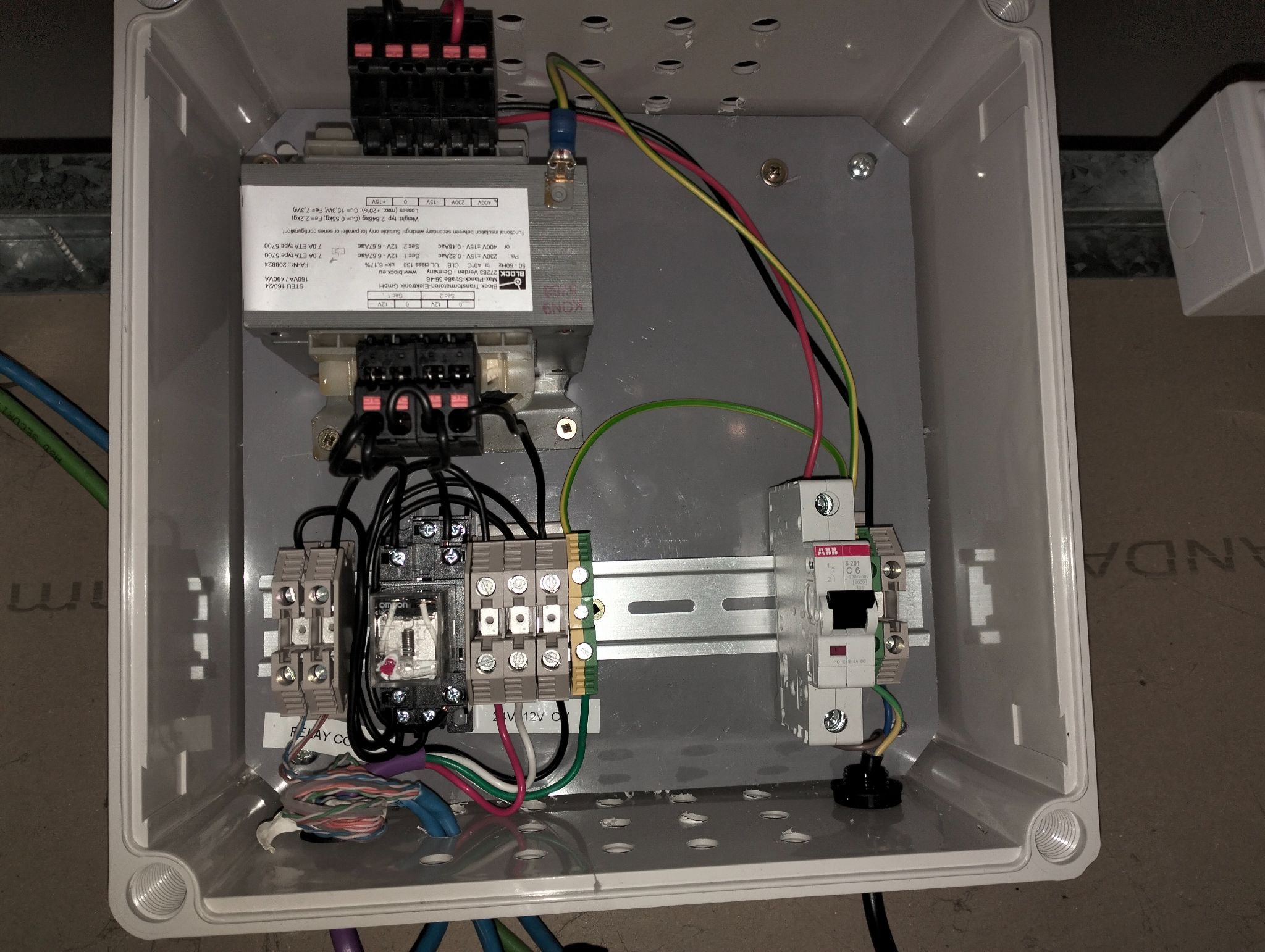 Custom control cabinet with relay, transformer and breaker