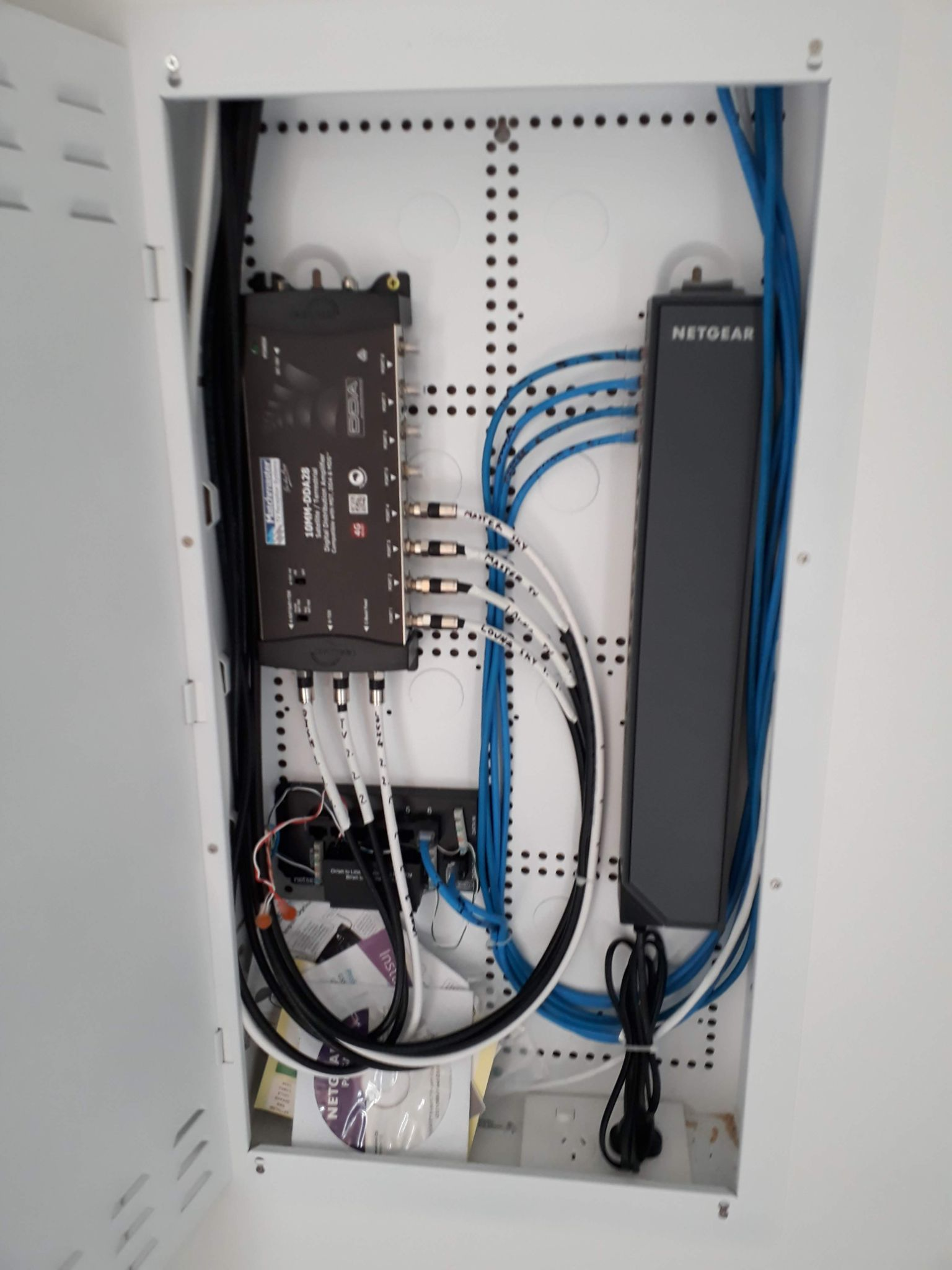 Structured data cabinet with Netgear PoE switch and TV distribution amplifier